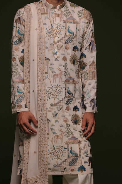 KUBERA MULTI KURTA SET WITH PATIYALA AND DUPATTA - White Maison de Couture