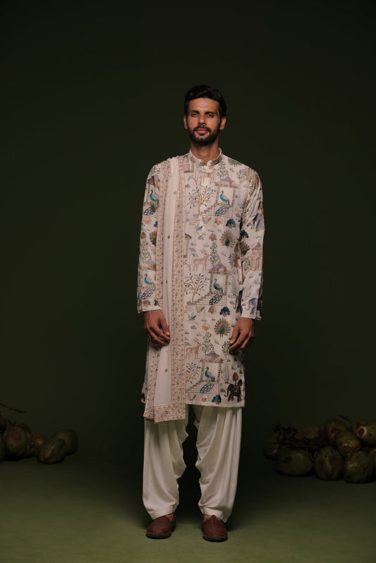 KUBERA MULTI KURTA SET WITH PATIYALA AND DUPATTA - White Maison de Couture