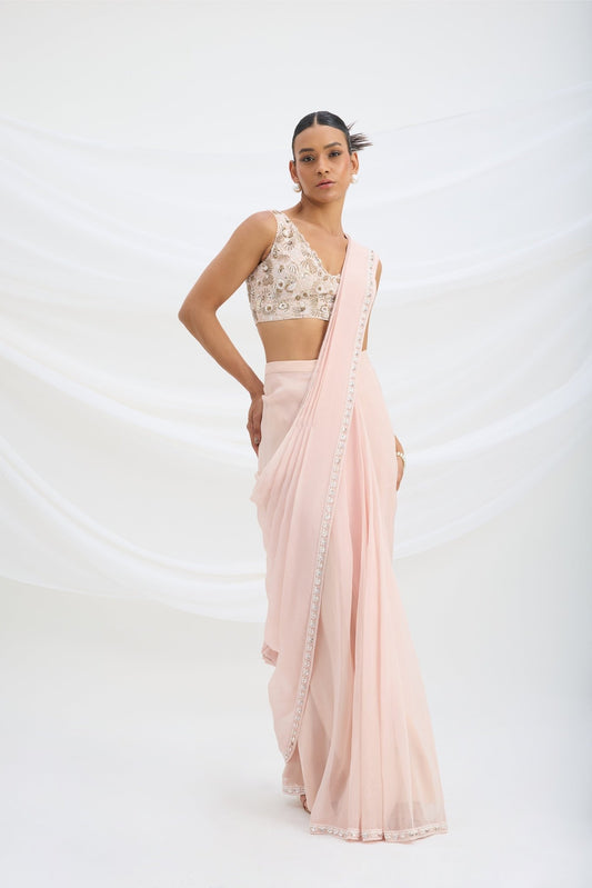 LIGHT PINK DRAPE SAREE SET WITH EMBROIDERED BLOUSE - White Maison de Couture