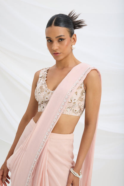 LIGHT PINK DRAPE SAREE SET WITH EMBROIDERED BLOUSE - White Maison de Couture