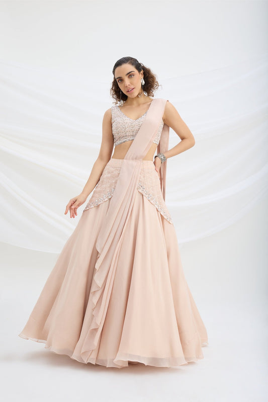 LIGHT PINK EMBROIDERED LEHENGA WITH BLOUSE AND ATTACHED DUPATTA - White Maison de Couture