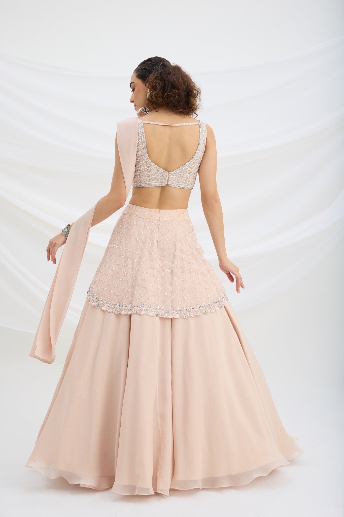 LIGHT PINK EMBROIDERED LEHENGA WITH BLOUSE AND ATTACHED DUPATTA - White Maison de Couture