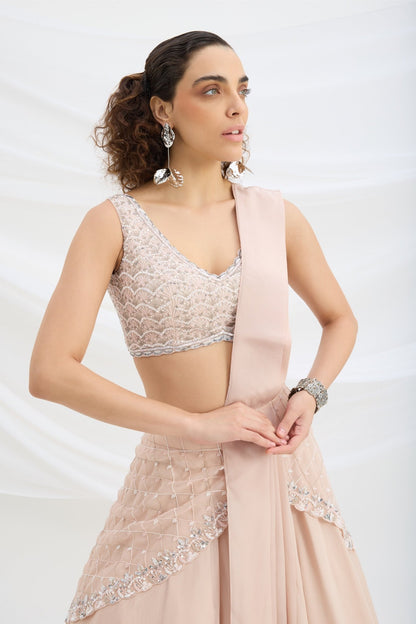 LIGHT PINK EMBROIDERED LEHENGA WITH BLOUSE AND ATTACHED DUPATTA - White Maison de Couture