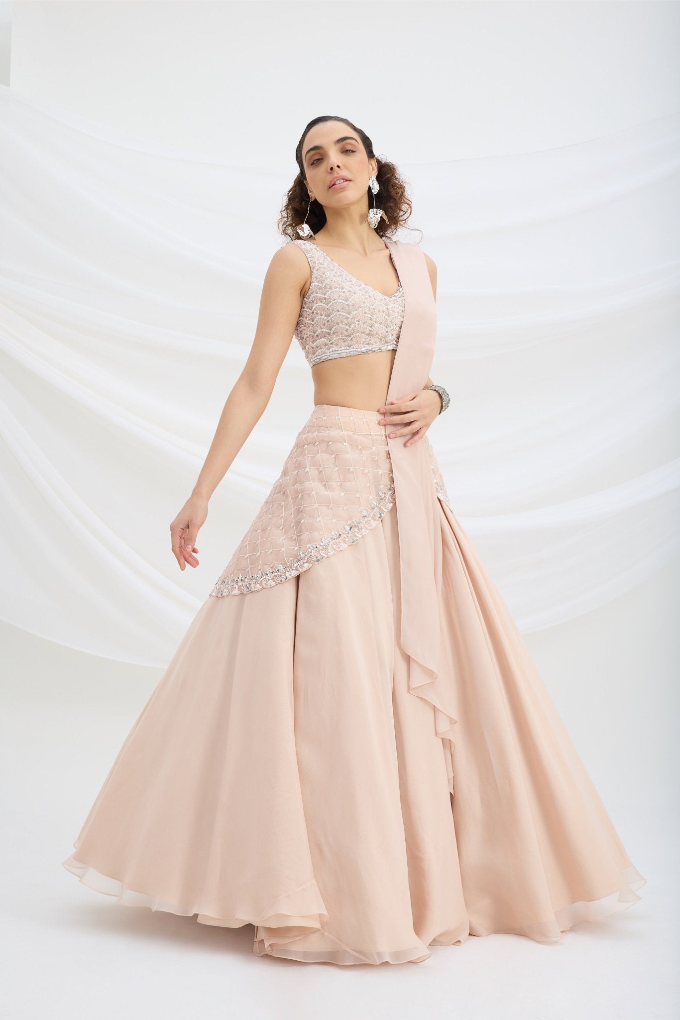 LIGHT PINK EMBROIDERED LEHENGA WITH BLOUSE AND ATTACHED DUPATTA - White Maison de Couture
