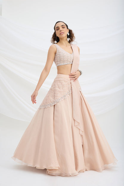 LIGHT PINK EMBROIDERED LEHENGA WITH BLOUSE AND ATTACHED DUPATTA - White Maison de Couture