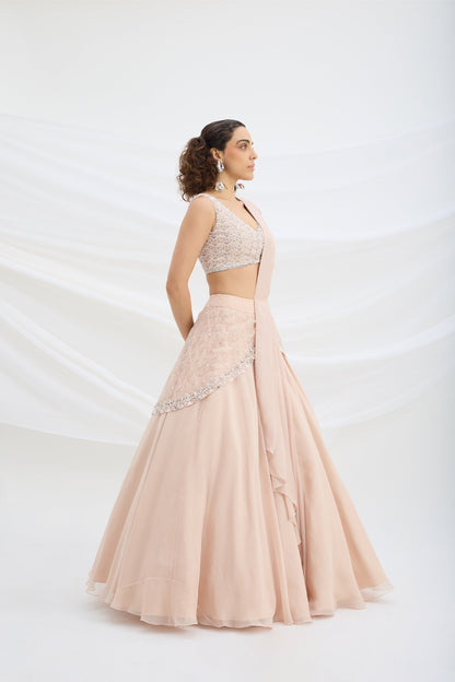 LIGHT PINK EMBROIDERED LEHENGA WITH BLOUSE AND ATTACHED DUPATTA - White Maison de Couture