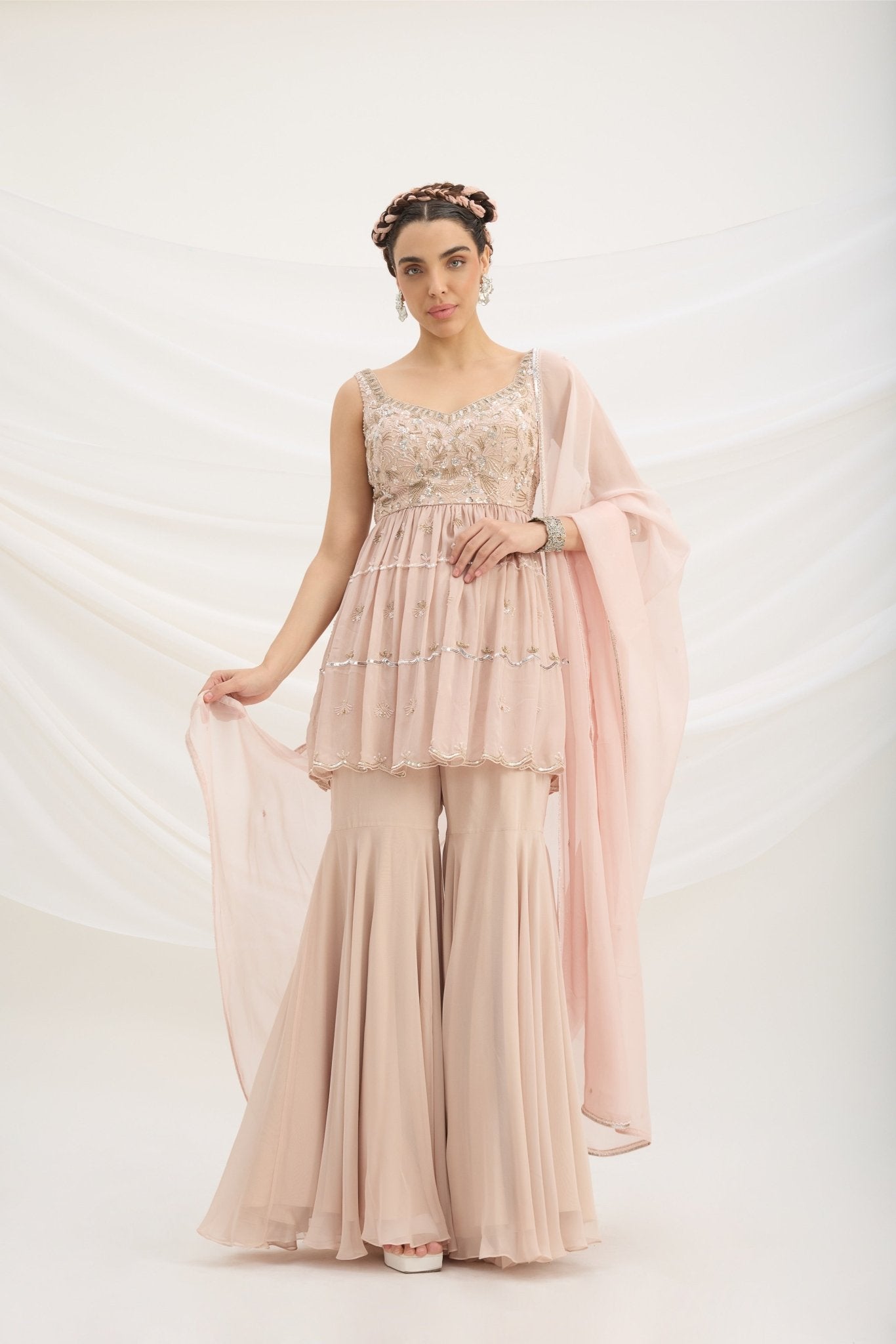 LIGHT PINK SHARARA WITH EMBROIDERED PEPLUM TOP AND DUPATTA - White Maison de Couture