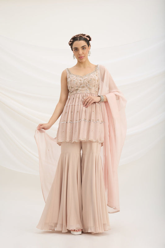 LIGHT PINK SHARARA WITH EMBROIDERED PEPLUM TOP AND DUPATTA - White Maison de Couture