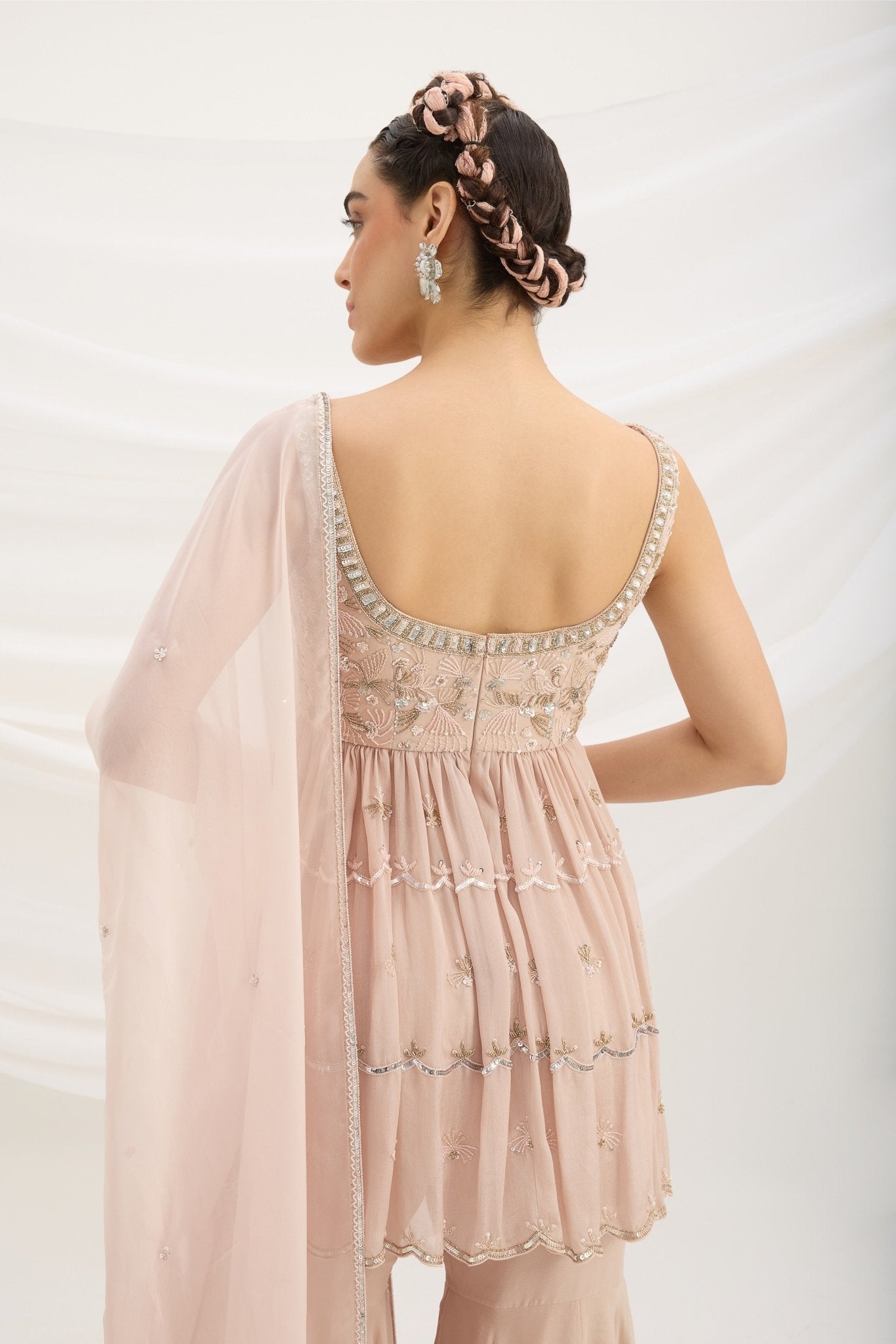 LIGHT PINK SHARARA WITH EMBROIDERED PEPLUM TOP AND DUPATTA - White Maison de Couture