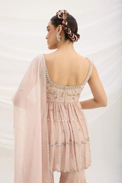 LIGHT PINK SHARARA WITH EMBROIDERED PEPLUM TOP AND DUPATTA - White Maison de Couture