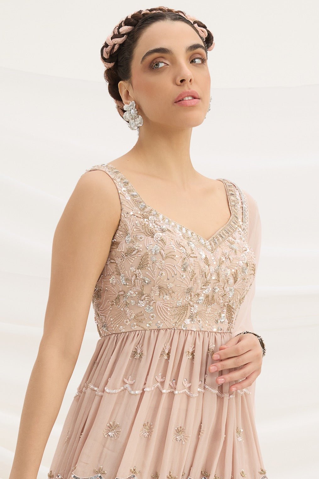 LIGHT PINK SHARARA WITH EMBROIDERED PEPLUM TOP AND DUPATTA - White Maison de Couture