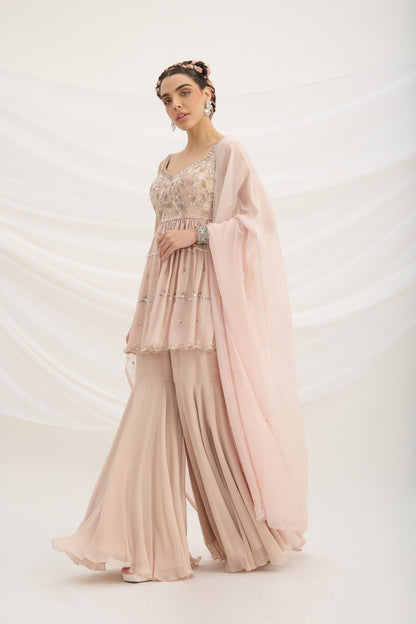 LIGHT PINK SHARARA WITH EMBROIDERED PEPLUM TOP AND DUPATTA - White Maison de Couture