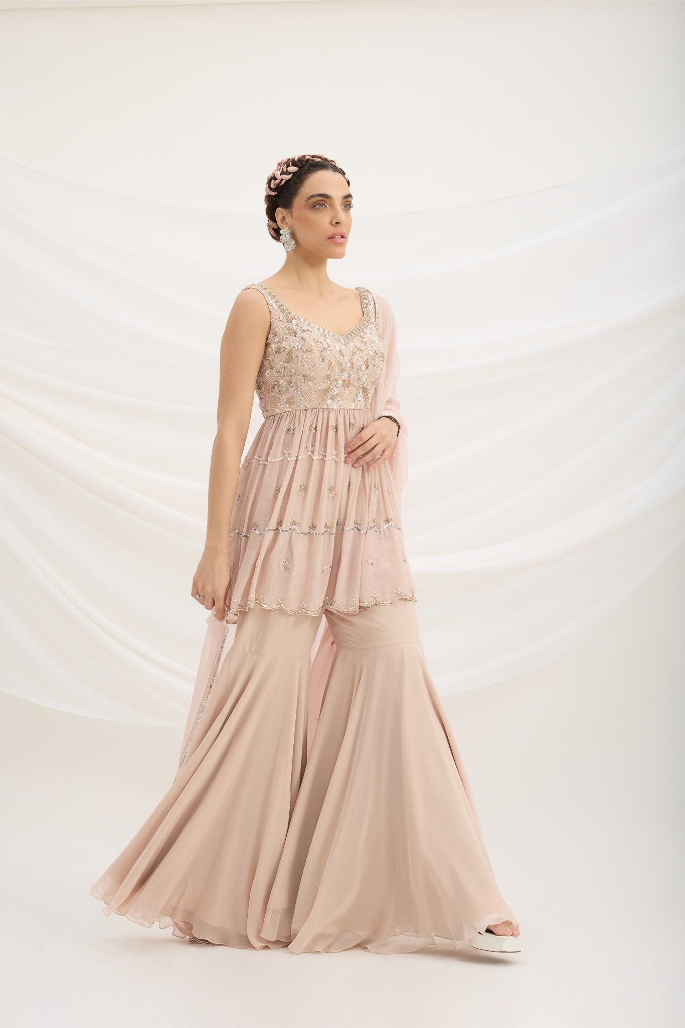 LIGHT PINK SHARARA WITH EMBROIDERED PEPLUM TOP AND DUPATTA - White Maison de Couture