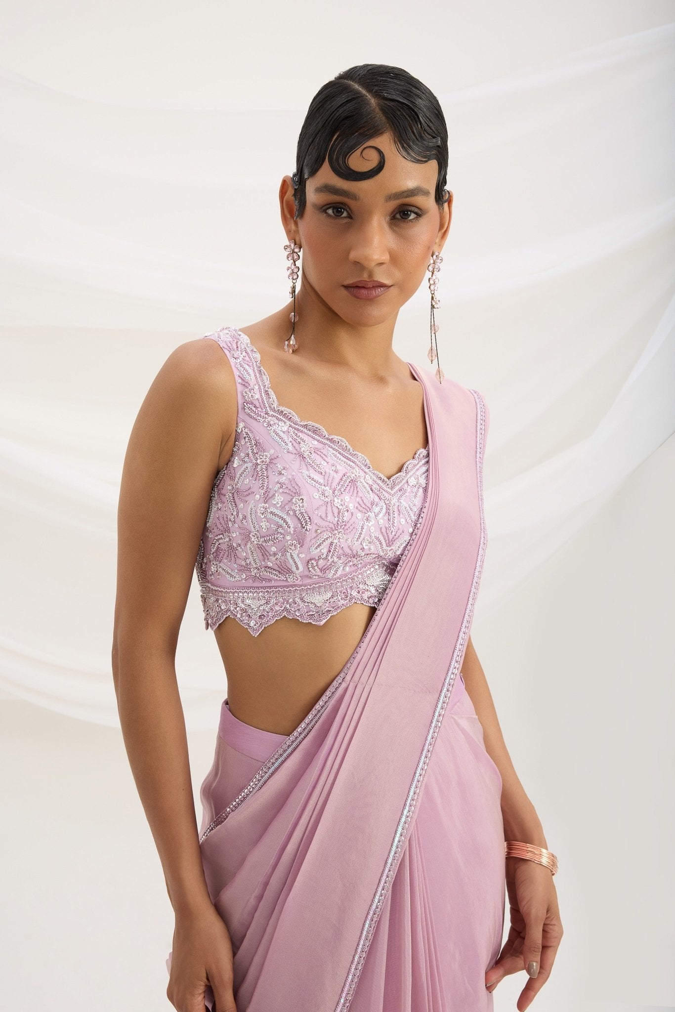 LILAC DRAPE SET SAREE WITH EMBROIDERED BLOUSE - White Maison de Couture