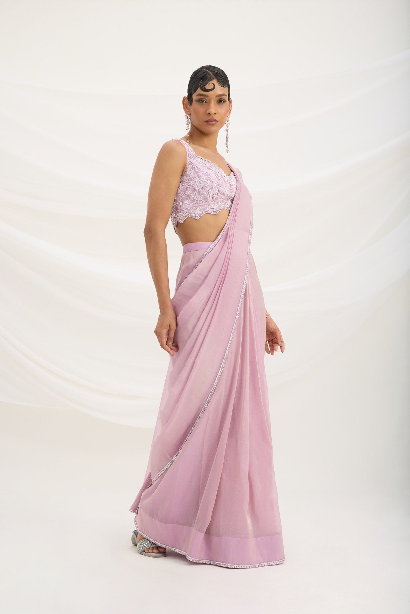 LILAC DRAPE SET SAREE WITH EMBROIDERED BLOUSE - White Maison de Couture