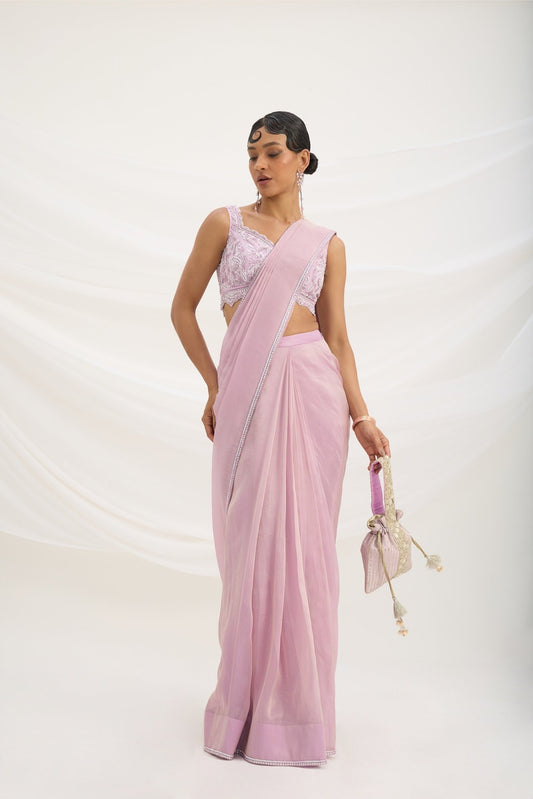 LILAC DRAPE SET SAREE WITH EMBROIDERED BLOUSE - White Maison de Couture