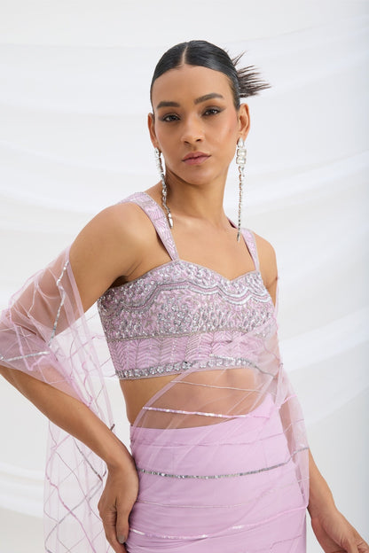 LILAC FISH CUT SKIRT WITH EMBROIDERED BLOUSE WITH ATTACHED DUPATTA - White Maison de Couture