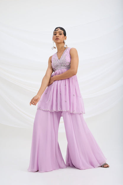 LILAC SHARARA WITH EMBROIDERED PEPLUM TOP AND DUPATTA - White Maison de Couture
