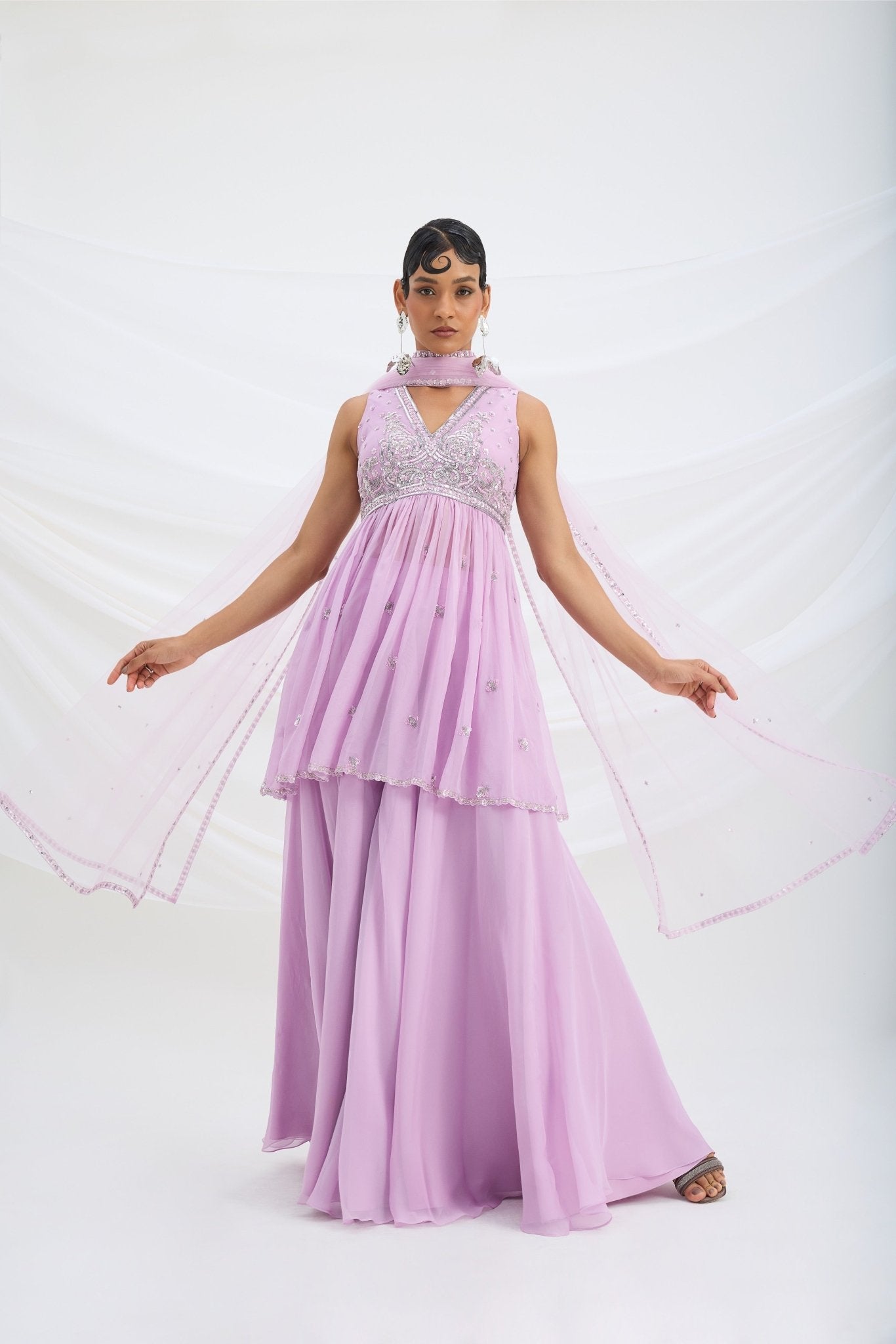 LILAC SHARARA WITH EMBROIDERED PEPLUM TOP AND DUPATTA - White Maison de Couture