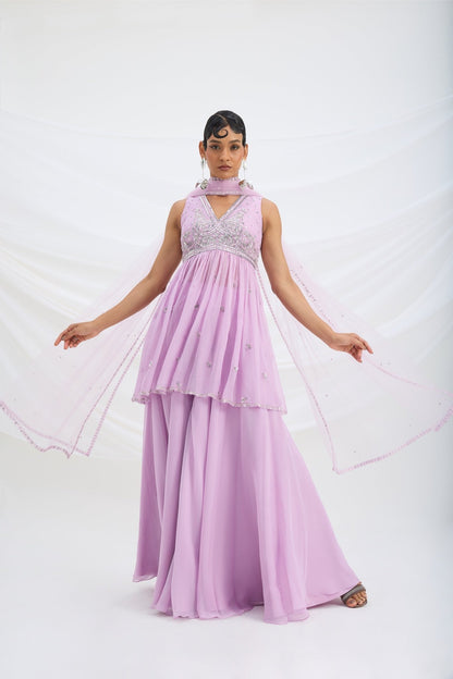 LILAC SHARARA WITH EMBROIDERED PEPLUM TOP AND DUPATTA - White Maison de Couture