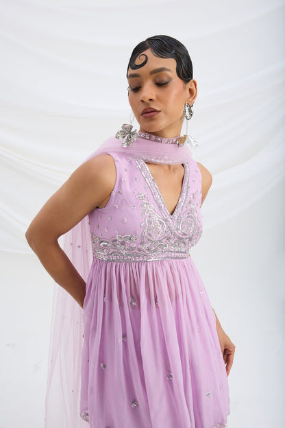 LILAC SHARARA WITH EMBROIDERED PEPLUM TOP AND DUPATTA - White Maison de Couture
