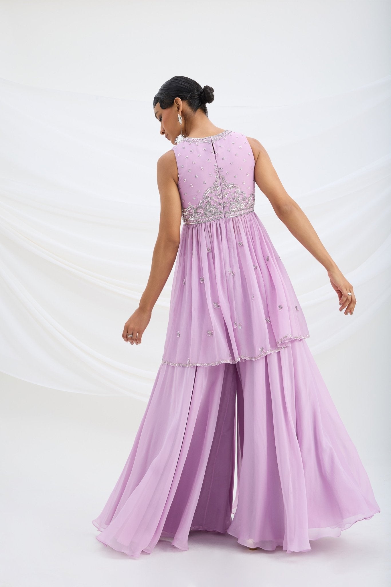 LILAC SHARARA WITH EMBROIDERED PEPLUM TOP AND DUPATTA - White Maison de Couture