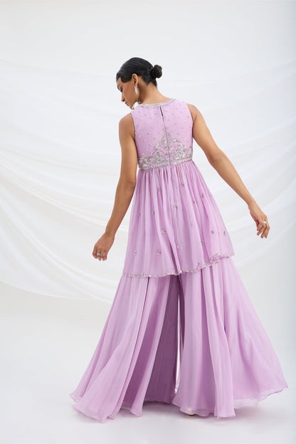 LILAC SHARARA WITH EMBROIDERED PEPLUM TOP AND DUPATTA - White Maison de Couture