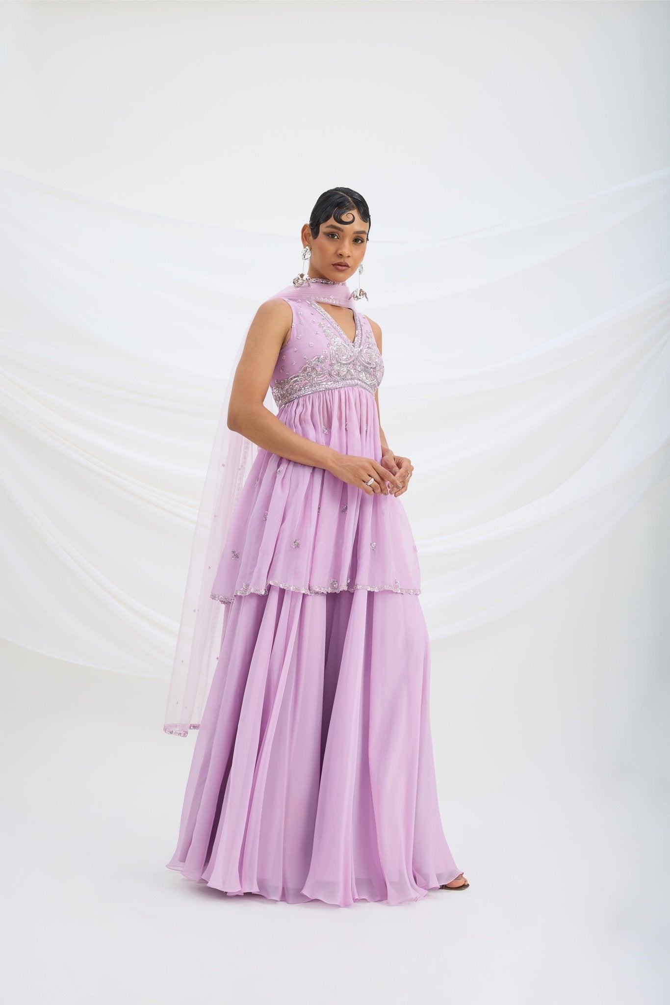 LILAC SHARARA WITH EMBROIDERED PEPLUM TOP AND DUPATTA - White Maison de Couture