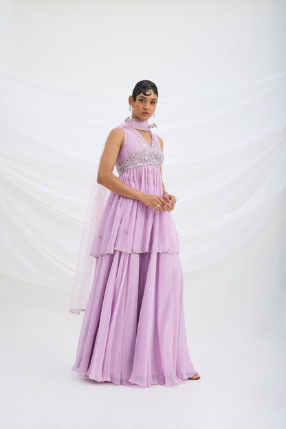 LILAC SHARARA WITH EMBROIDERED PEPLUM TOP AND DUPATTA - White Maison de Couture