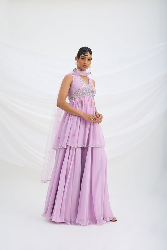 LILAC SHARARA WITH EMBROIDERED PEPLUM TOP AND DUPATTA - White Maison de Couture