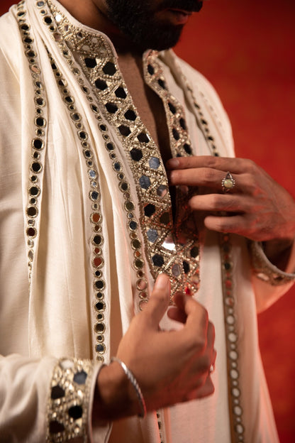 LINEAR MIRROR KURTA STOLE SET - White Maison de Couture