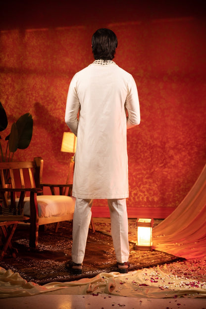 LINEAR MIRROR KURTA STOLE SET - White Maison de Couture