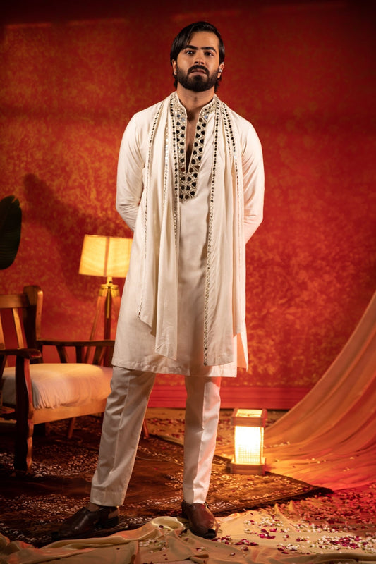 LINEAR MIRROR KURTA STOLE SET - White Maison de Couture
