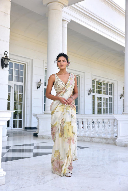 LISA DRAPED SAREE SET - White Maison de Couture