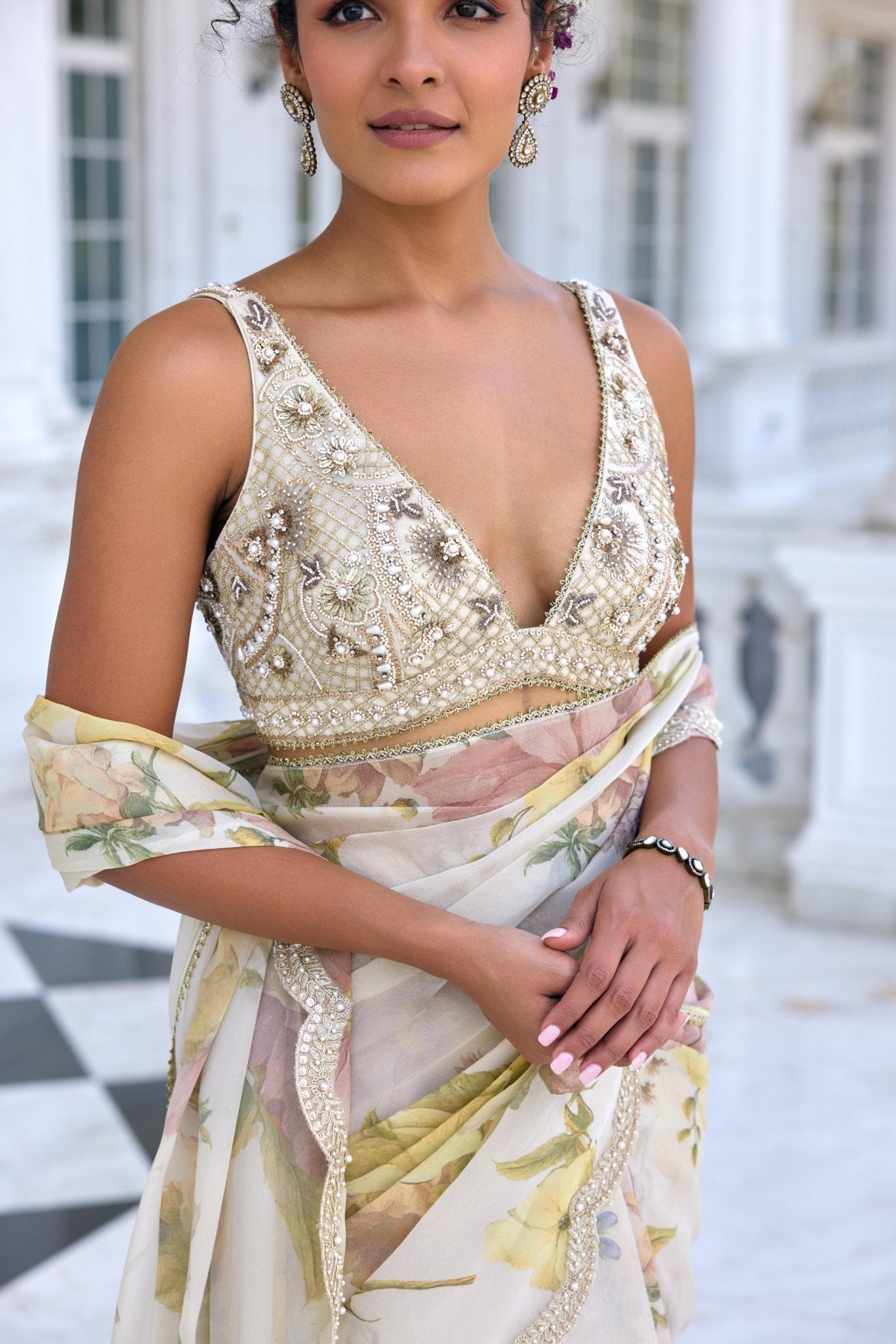 LISA DRAPED SAREE SET - White Maison de Couture
