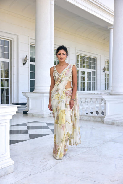 LISA DRAPED SAREE SET - White Maison de Couture