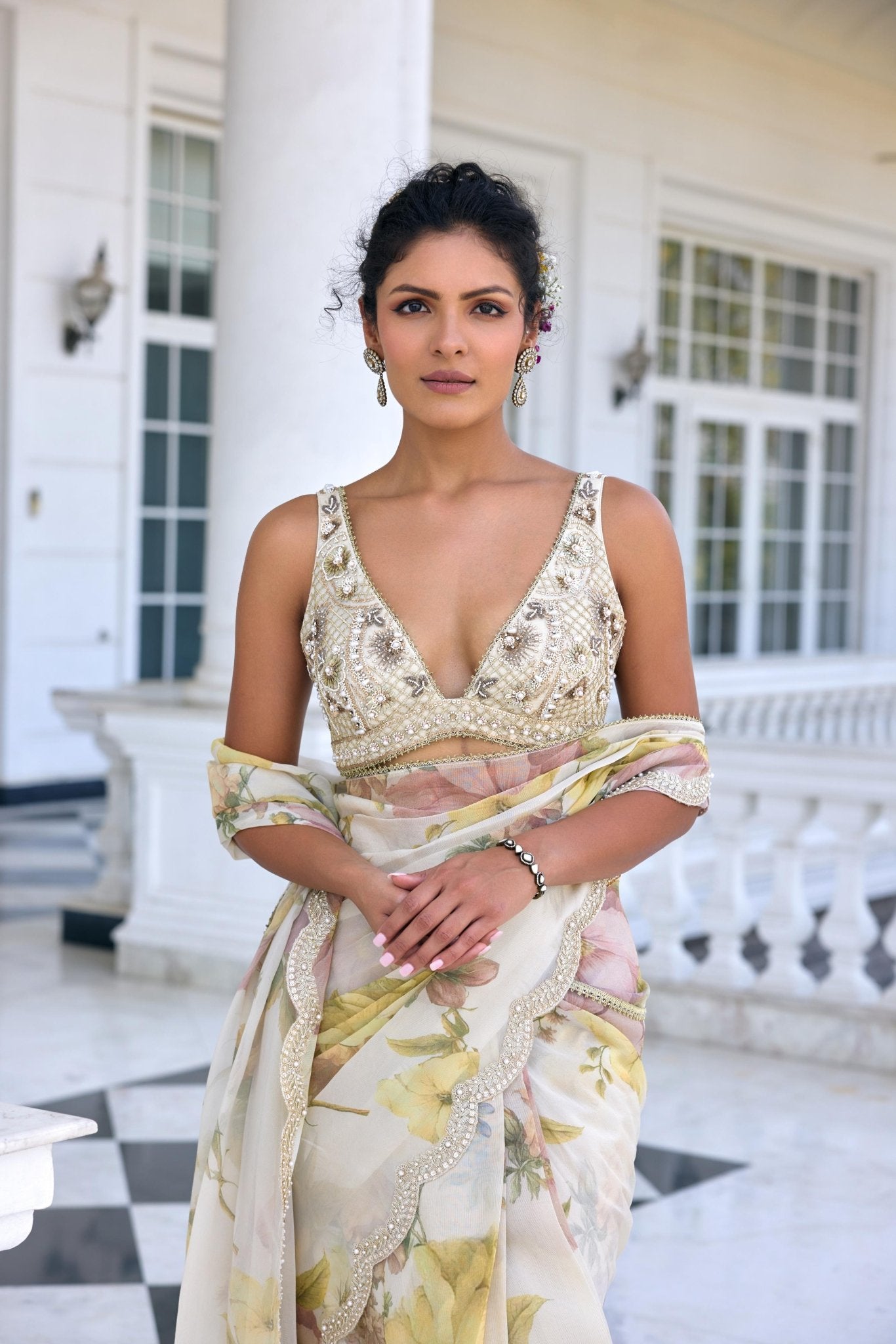 LISA DRAPED SAREE SET - White Maison de Couture