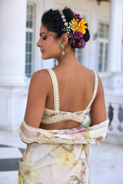 LISA DRAPED SAREE SET - White Maison de Couture