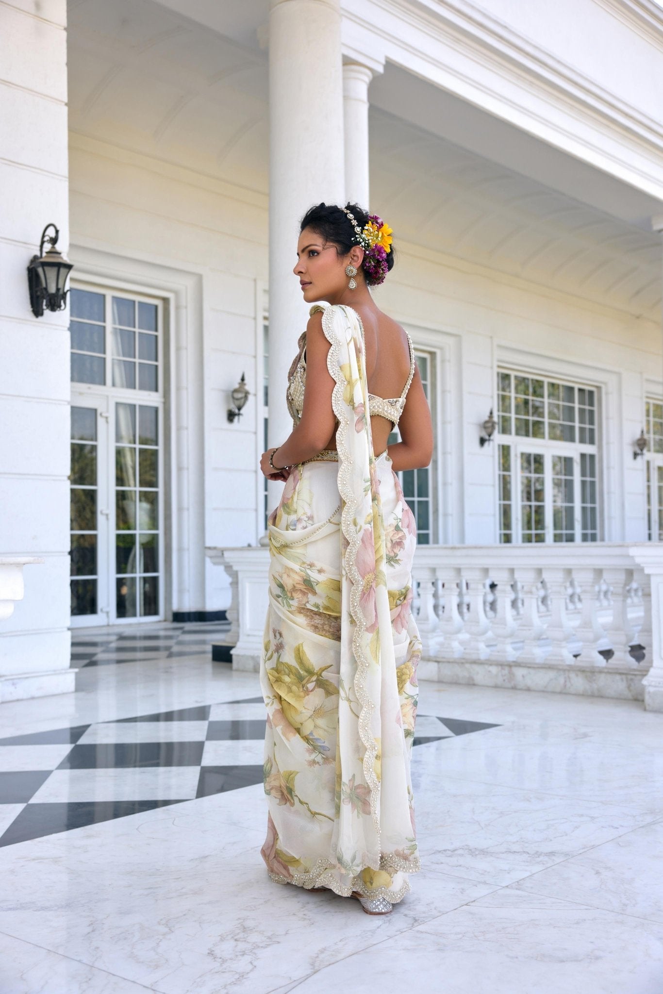 LISA DRAPED SAREE SET - White Maison de Couture