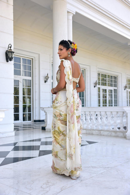 LISA DRAPED SAREE SET - White Maison de Couture