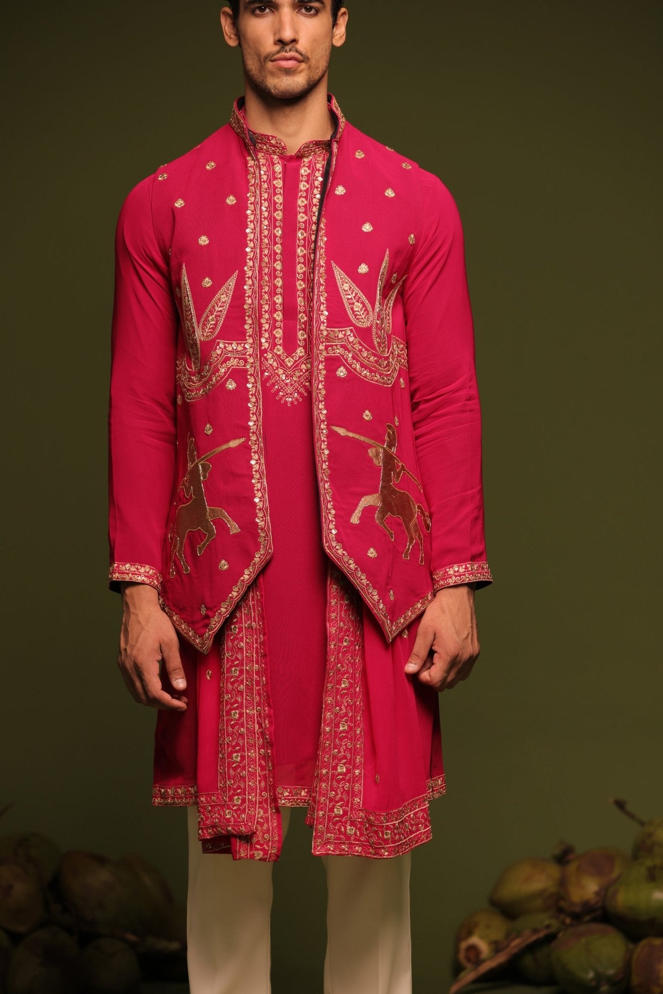 MANOHAR RED JACKET KURTA SET WITH TROUSER AND DUPATTA - White Maison de Couture
