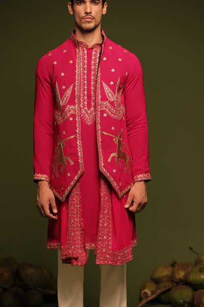 MANOHAR RED JACKET KURTA SET WITH TROUSER AND DUPATTA - White Maison de Couture