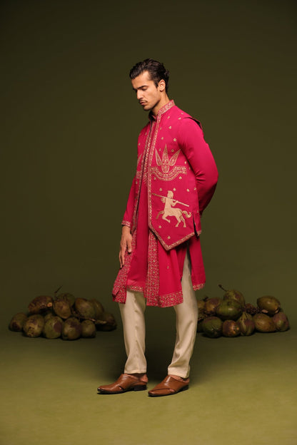 MANOHAR RED JACKET KURTA SET WITH TROUSER AND DUPATTA - White Maison de Couture