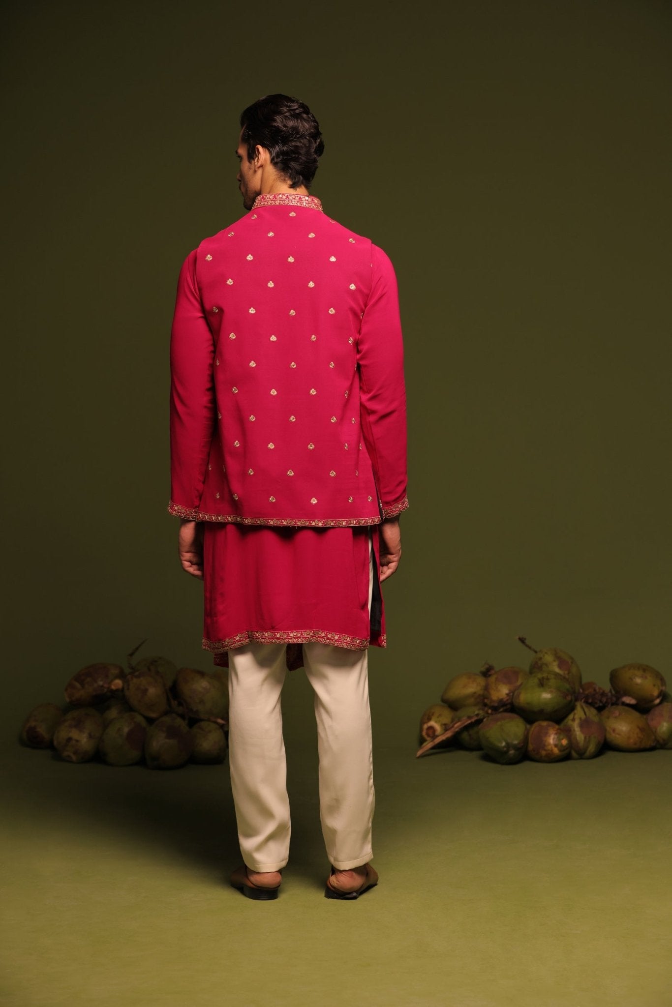 MANOHAR RED JACKET KURTA SET WITH TROUSER AND DUPATTA - White Maison de Couture