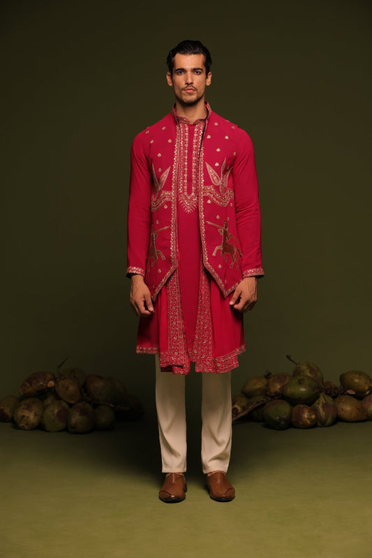 MANOHAR RED JACKET KURTA SET WITH TROUSER AND DUPATTA - White Maison de Couture