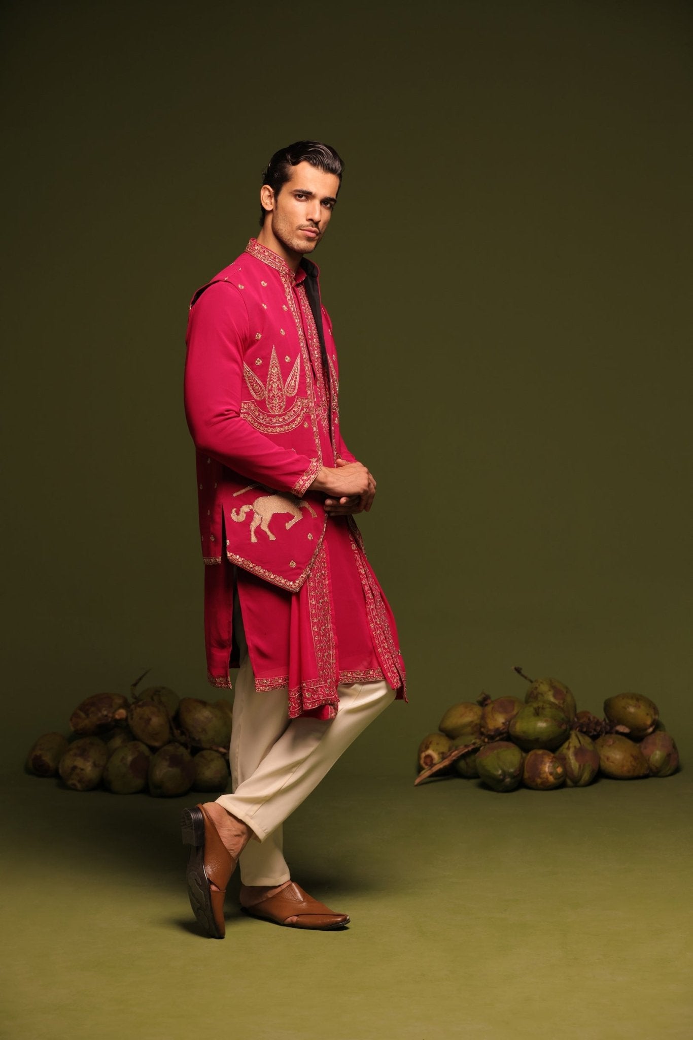 MANOHAR RED JACKET KURTA SET WITH TROUSER AND DUPATTA - White Maison de Couture