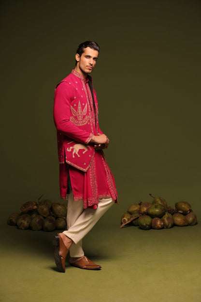 MANOHAR RED JACKET KURTA SET WITH TROUSER AND DUPATTA - White Maison de Couture