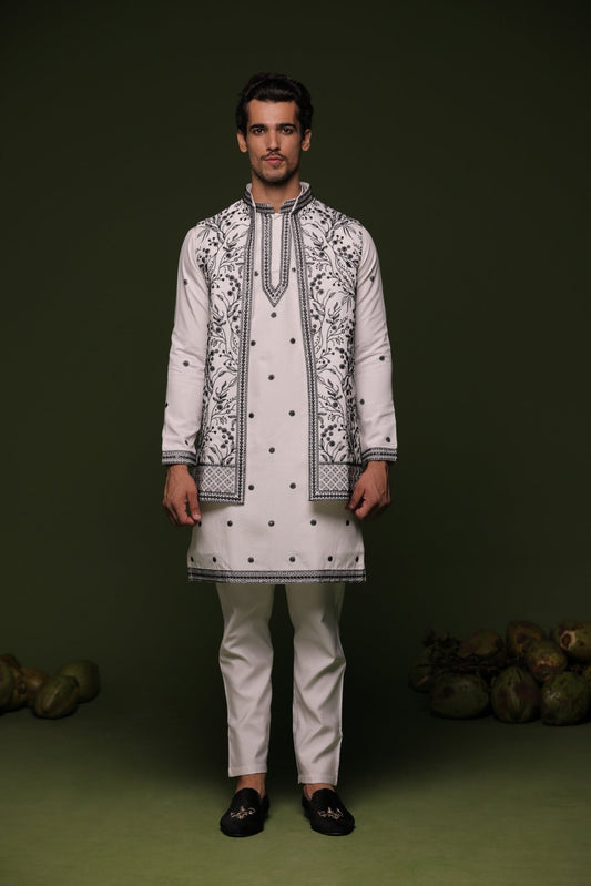 MANU WHITE JACKET KURTA SET - White Maison de Couture