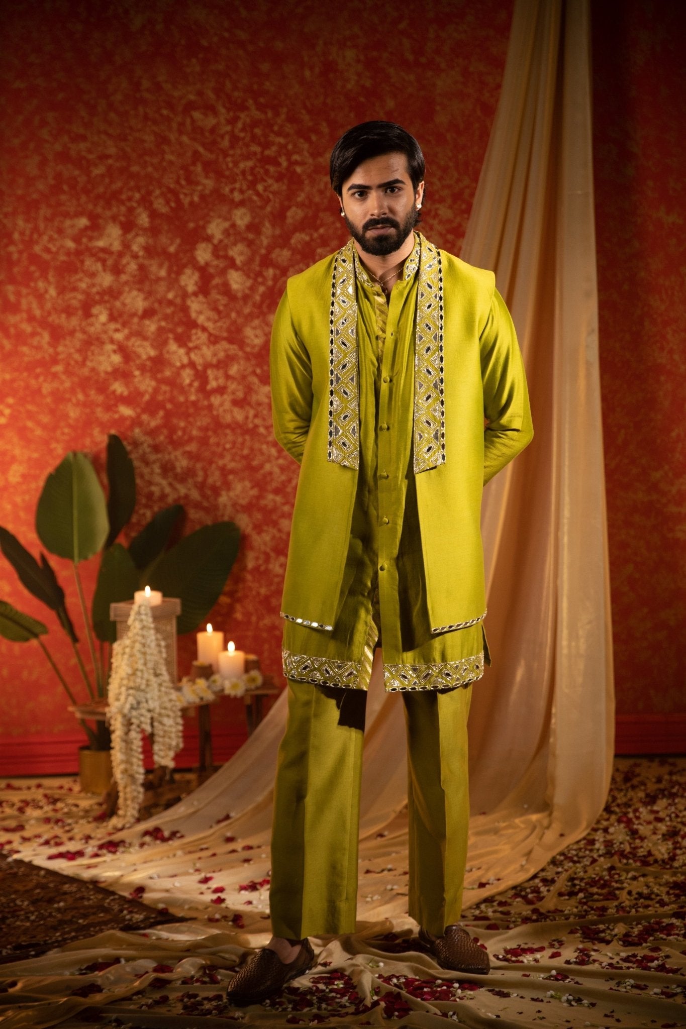 MIRROR LAPEL KURTA BANDI SET - White Maison de Couture