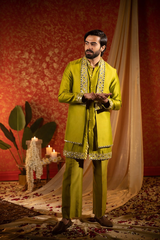 MIRROR LAPEL KURTA BANDI SET - White Maison de Couture